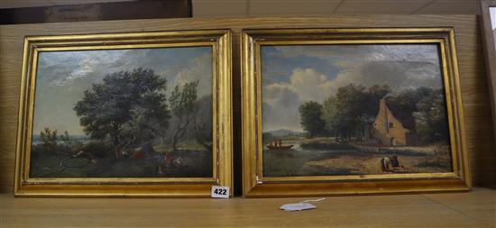 Attributed to Richard Hilder (1830-1851), pair of oils on canvas, Figures camping and Waterside cottage,